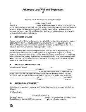 Arkansas Last Will And Testament Form Template