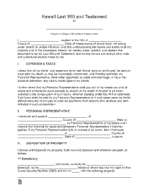 Hawaii Last Will And Testament Form Template