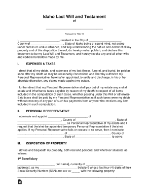 Idaho Last Will And Testament Form Template