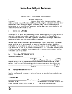 Maine Last Will And Testament Form Template