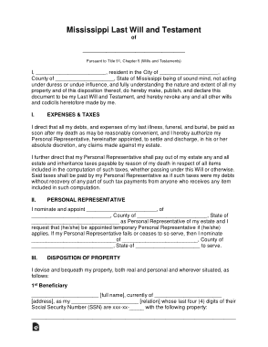 Mississippi Last Will And Testament Form Template