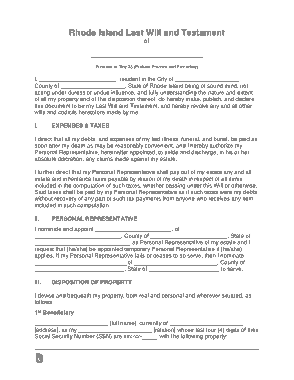 Rhode Island Last Will And Testament Form Template