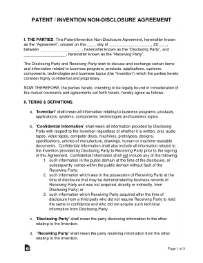 Patent Invention Non Disclosure Agreement NDA Form Template