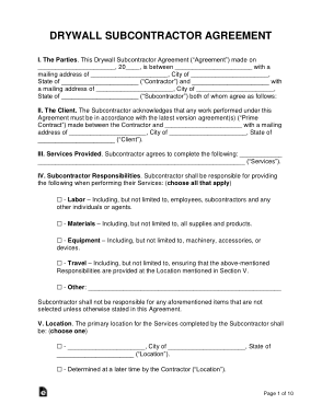 Drywall Subcontractor Agreement Form Template