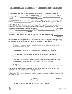 Electrical Subcontractor Agreement Form Template