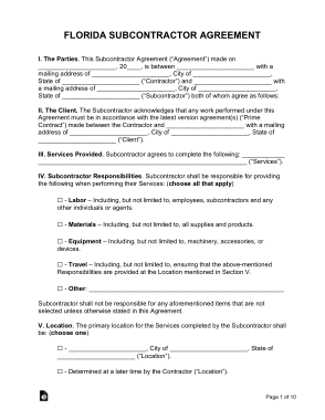 Florida Subcontractor Agreement Form Template