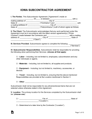 Iowa Subcontractor Agreement Form Template