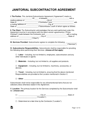 Janitorial Subcontractor Agreement Form Template
