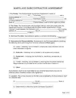 Maryland Subcontractor Agreement Form Template