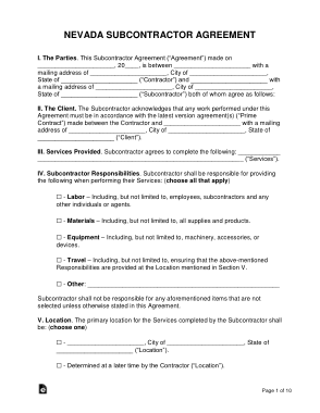 Nevada Subcontractor Agreement Form Template