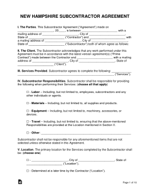 New Hampshire Subcontractor Agreement Form Template
