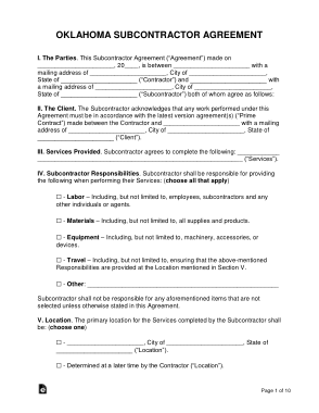 Oklahoma Subcontractor Agreement Form Template
