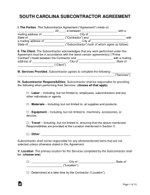 South Carolina Subcontractor Agreement Form Template