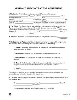 Vermont Subcontractor Agreement Form Template