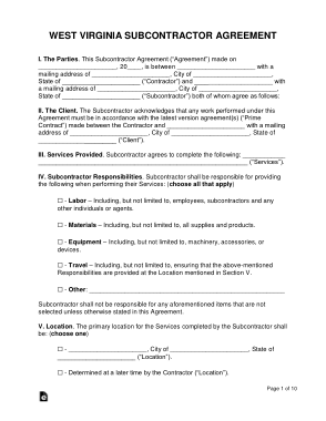 West Virginia Subcontractor Agreement Form Template