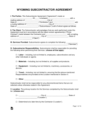 Wyoming Subcontractor Agreement Form Template