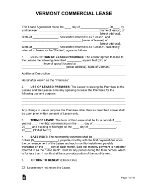Vermont Commercial Lease Agreement Form Template