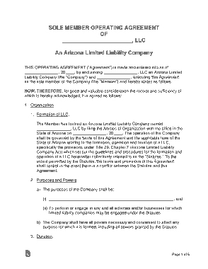 Arizona Single Member LLC Operating Agreement Form Template
