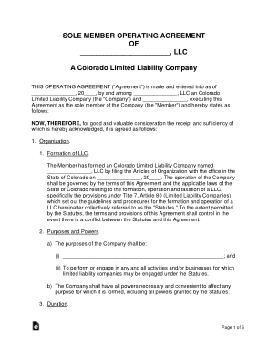 Colorado Single Member LLC Operating Agreement Form Template