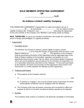Indiana Single Member LLC Operating Agreement Form Template