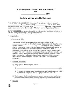Iowa Single Member LLC Operating Agreement Form Template