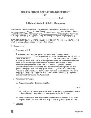 Maine Single Member LLC Operating Agreement Form Template