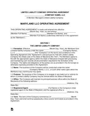 Maryland Multi Member LLC Operating Agreement Form Template