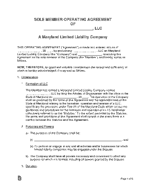 Maryland Single Member LLC Operating Agreement Form Template
