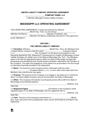 Mississippi Multi Member LLC Operating Agreement Form Template