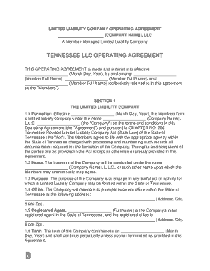 Tennessee Multi Member LLC Operating Agreement Form Template