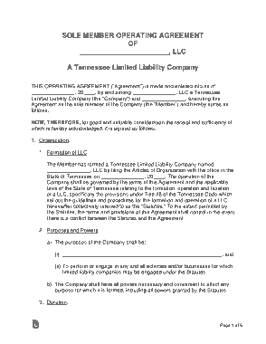 Free Download PDF Books, Tennessee Single Member LLC Operating Agreement Form Template
