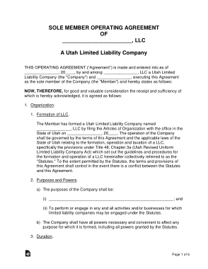Utah Single Member LLC Operating Agreement Form Template