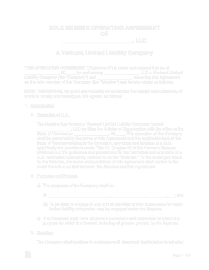 Vermont Single Member LLC Operating Agreement Form Template