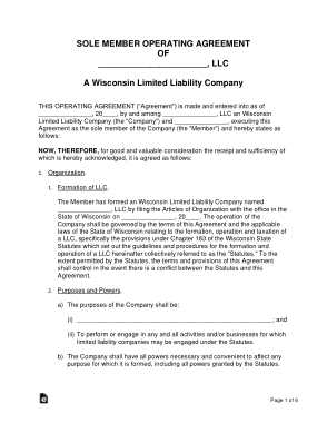 Wisconsin Single Member LLC Operating Agreement Form Template