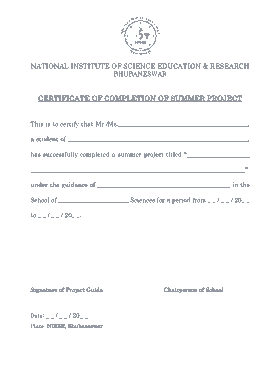 School Project Completion Certificate Format Template