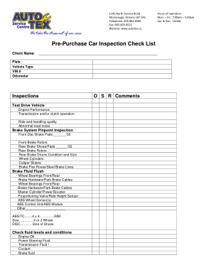 Pre purchase Car Inspection Check List Form Template
