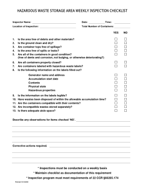 Waste Stroage Area Weekly Inspection Checklist Form Template