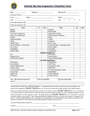 QAP F22 A Sample Vehicle Service Inspection Checklist Form Template