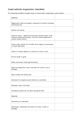 Used Vehicle Inspection Checklist Form Template