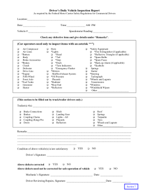 Driver Daily Vehicle Inspection Report Form Template