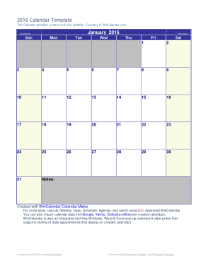 2016 Blank Monthly Calendar Sample Template
