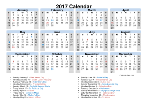 2017 Yearly Holidays Calendar Template
