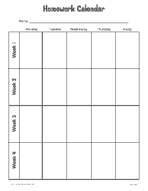 Sample Homework Calendar Template