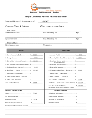 Sample Completed Personal Financial Statement Template