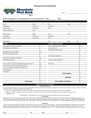 West Bank Personal Financial Statement Template