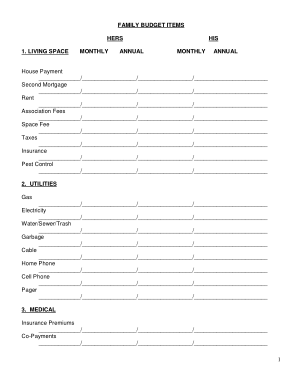 Family Budget Items Template