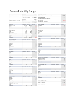 Personal Monthly Budget Free Template