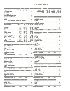 Personal Monthly Budget Spread Sheet Template