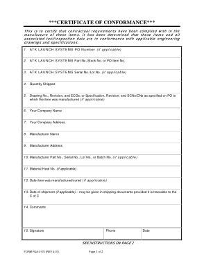 Certificate of Conformance Format Template