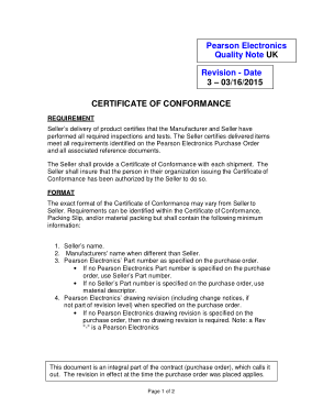 Quality Certificate of Conformance Template
